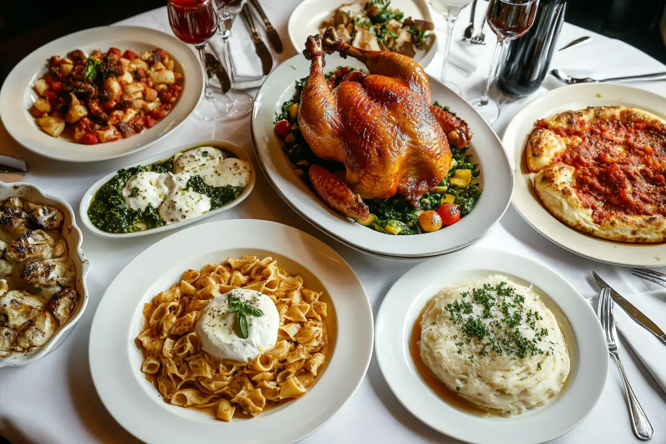 A vibrant overhead shot of a traditional pasta dish with chicken and rich sauce.