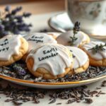 A picturesque display of decorated cookies with tea-themed names on a plate surrounded by tea leaves and lavender sprigs.