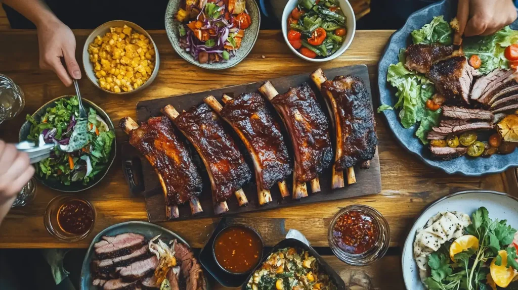 Delicious platter of beef back ribs showing juicy meat